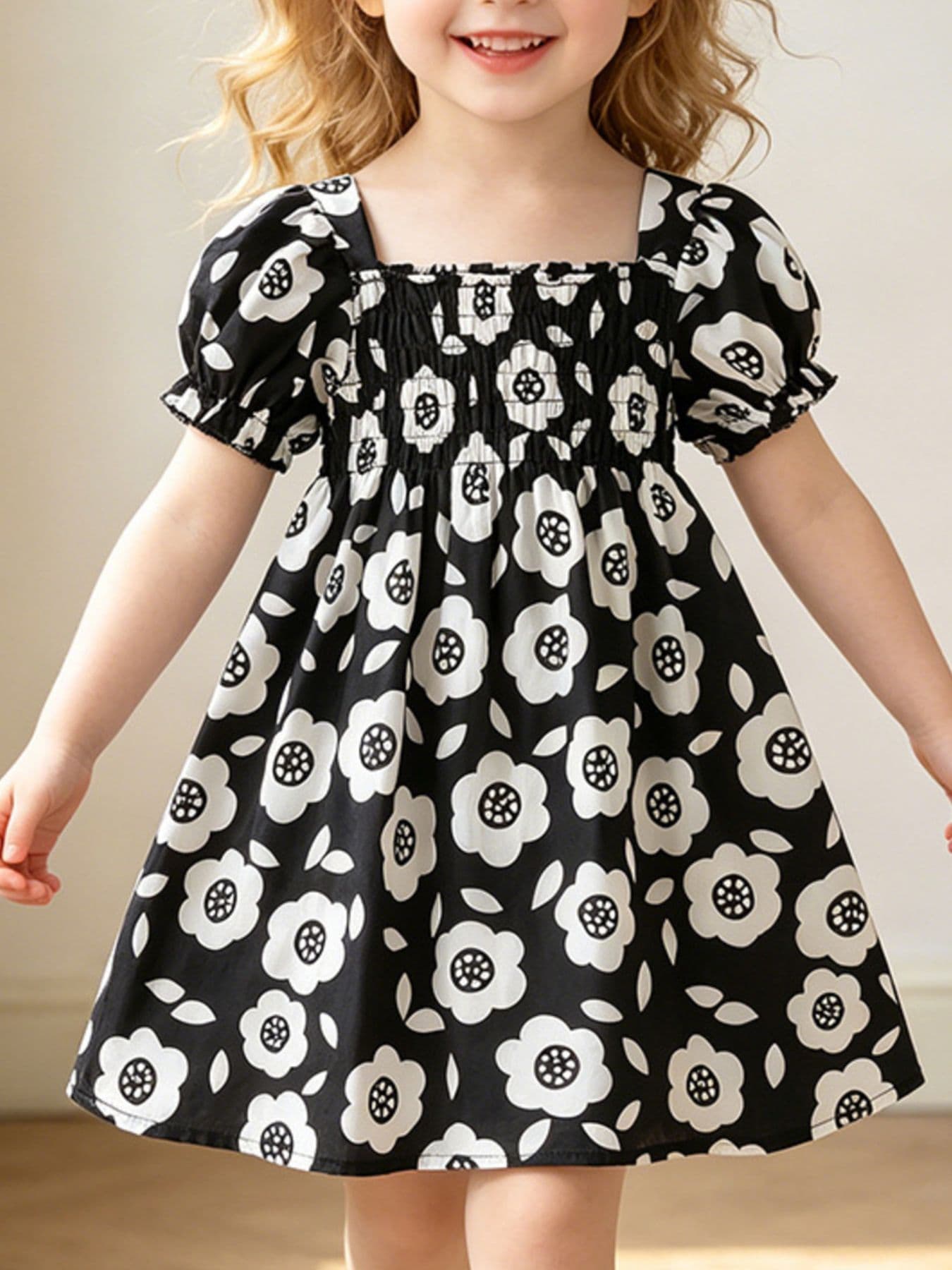 Children's Floral Print Square Neck Puff Sleeve Dress