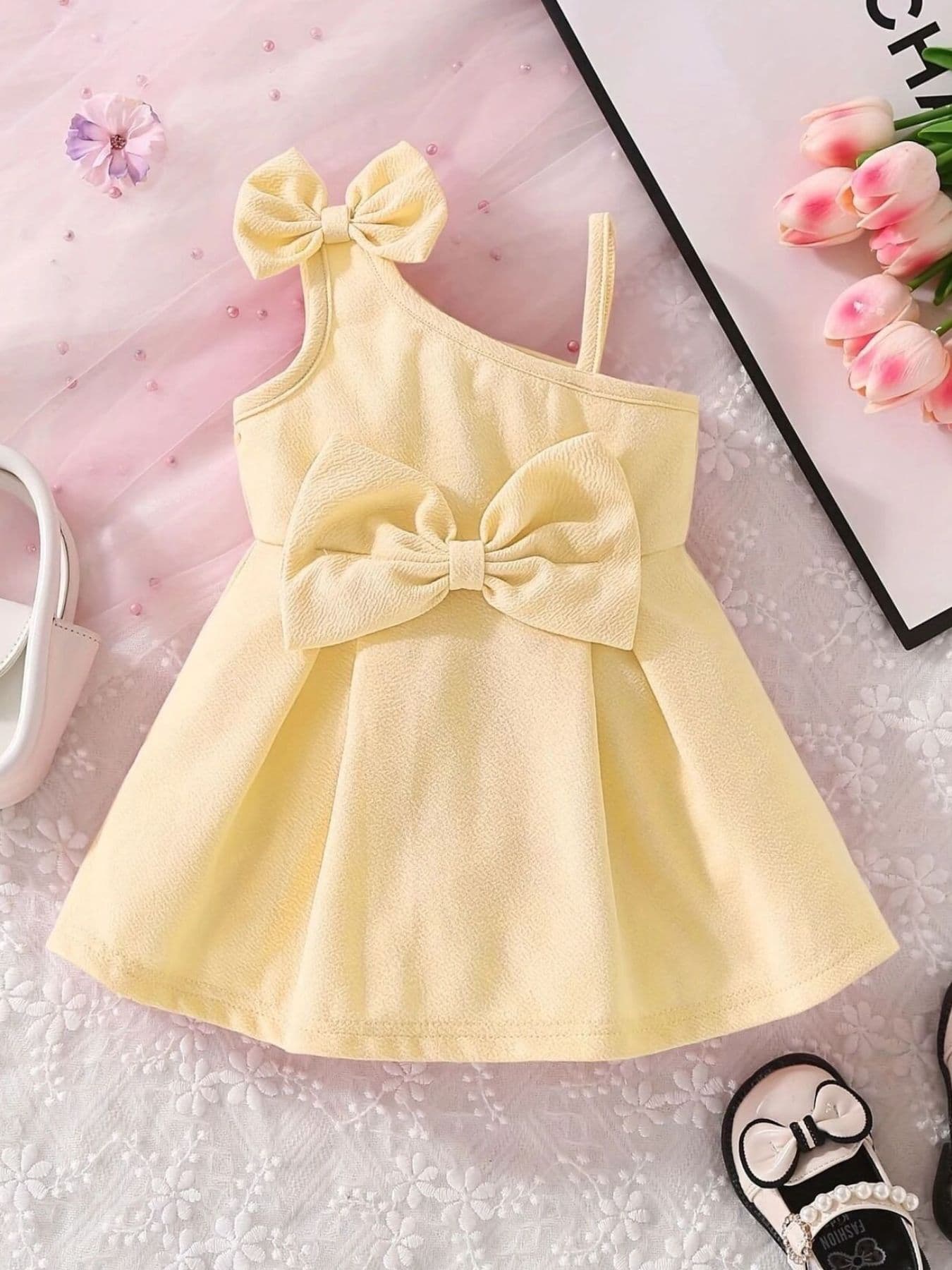 Children's Bow Asymmetrical Shoulder Dress